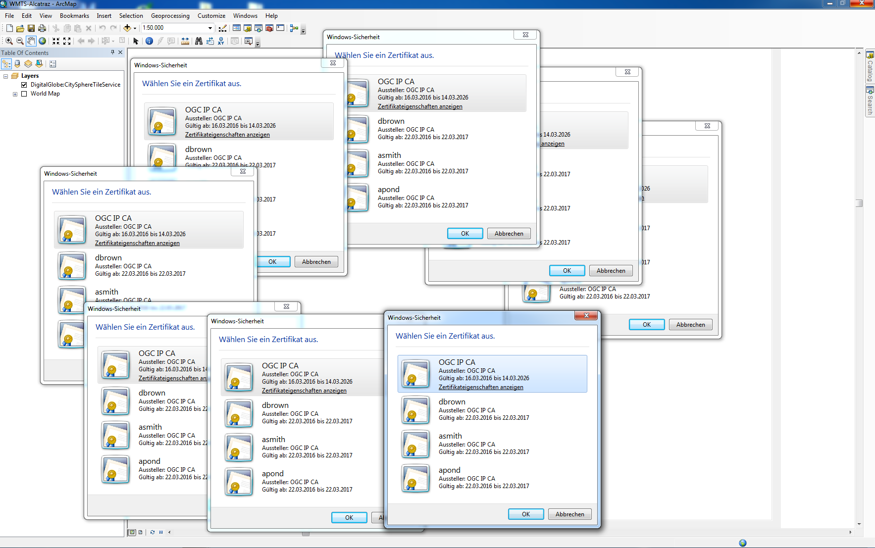 Popup boxes displayed after connecting ArcMap 10 2 2 to the WMTS via unsecured capabilities or d project file